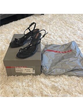 Prada Black Patent Leather T-Strap Slingback Heels